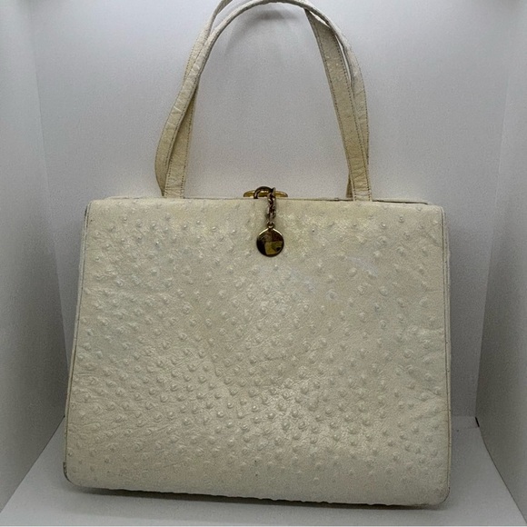 Vintage Classic Elegant Structured Top Handle Handbag – ostrich embossing -Ivory - Picture 4 of 14